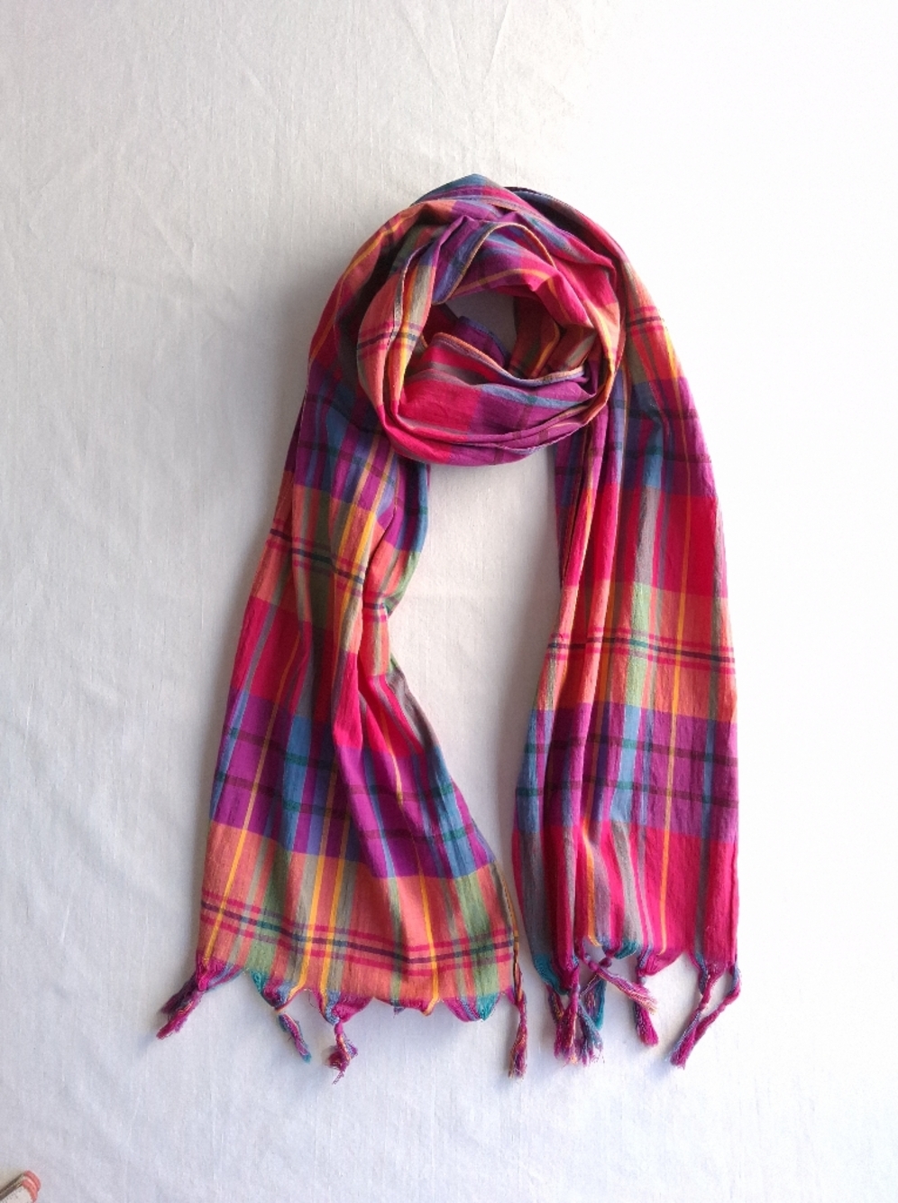 Vintage Scarf Plaid Colourful Pink Lightweight Long Rectangular Tassel Ends